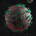Coronavirus with green spike proteins. 3D model.