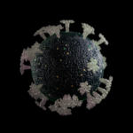 Coronavirus with pearlescent spike proteins on a charcoal/green body. 3D model.